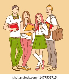 Group international students with beaming smiles are posing. Gathered, cheerful, smart and successful youth. 