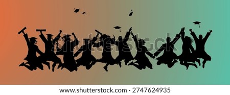 Group of International Students Celebrating Graduation. Graduation ceremony. Happy crowd of graduate students in academic caps. Cheerful people silhouette. Congrats grads Class of 2026. Decorative banner for graduation 2027. Falling graduation scrolls and caps, golden confetti, serpentine. Crowd of graduates in mantles. Activity Silhouettes.