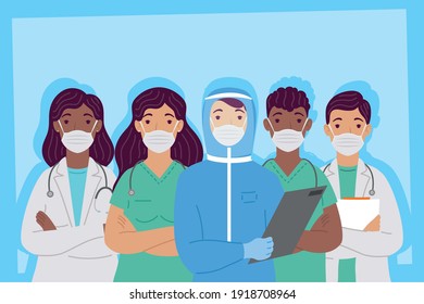 group of interracial doctors staff wearing medical masks vector illustration design