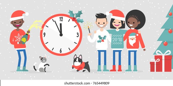 A group of interracial friends celebrating the New Year. Big wall clock showing midnight. People and pets. Snowflakes. Xmas sweaters. Flat editable vector illustration, clip art
