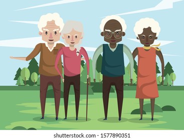 group of interracial grandparents couples in the field vector illustration design