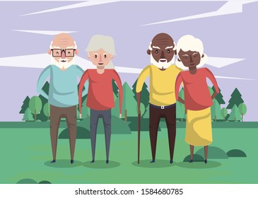 group of interracial grandparents couples in the field vector illustration design