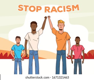 group of interracial men stop racism campaign vector illustration design