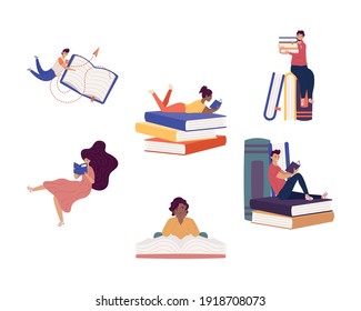 group of interracial six readers with books ,book day celebration vector illustration design