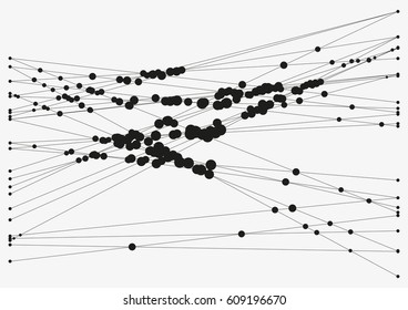 Group of intersecting lines with circles on crossings. Complex algorithmic composition. Geometric sketch. Modern abstract vector illustration. Contemporary decorative background. Element of design.
