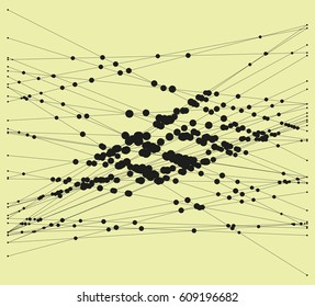 Group of intersecting lines with circles on crossings. Complex algorithmic composition. Geometric sketch. Modern abstract vector illustration. Contemporary decorative background. Element of design.