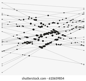 Group of intersecting lines with circles on crossings. Complex algorithmic composition. Geometric sketch. Modern abstract vector illustration. Contemporary decorative background. Element of design.