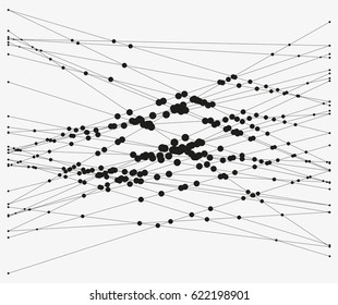 Group of intersecting lines with circles on crossings. Complex algorithmic composition. Geometric sketch. Modern abstract vector illustration. Contemporary decorative background. Element of design.