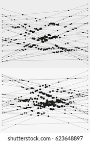 Group of intersecting lines with circles on crossings. Complex algorithmic composition. Geometric sketch. Modern abstract vector illustration. Contemporary decorative background. Element of design.