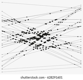 Group of intersecting lines with circles on crossings. Complex algorithmic composition. Geometric sketch. Modern abstract vector illustration. Contemporary decorative background. Element of design.