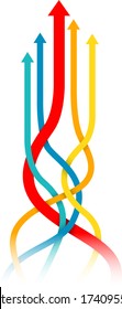 Group of intertwined multicolored arrows pointing upwards isolated on white background - vector illustration