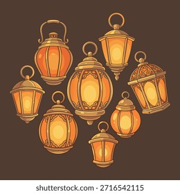 Um grupo de lanternas iluminadas e de design intricado, lançando um brilho quente e convidativo contra um fundo escuro.