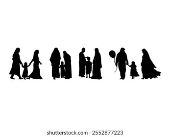 Group of Islamic Muslim Man Woman Kid Family Silhouette isolated white background. Vector Illustration