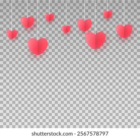 Group of isolated hearts on transparent background. Vector template, symbols of love for Valentine's Day greetings