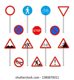 Group of isolated prohibitory, warning and mandatory road signs on steel holders. Colorful vector illustration in flat style.