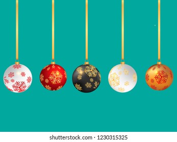 Group of isolated red, white, golden, black  Christmas ball baubles with different decorations
