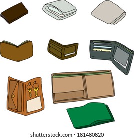 Group of isolated wallets with cash, keys and cards