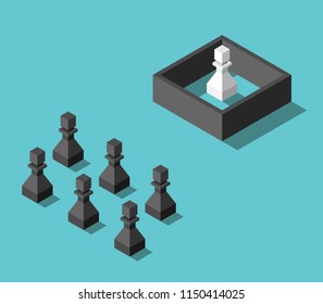 Group of isometric free black pawns and single white one imprisoned behind wall. Prejudice, separation and misunderstanding concept. Flat design. Vector illustration, no transparency, no gradients