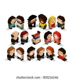 Group Of Isometric Pixel Art Characters