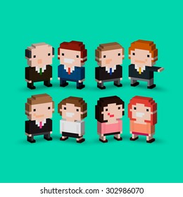 Group Of Isometric Pixel Art Office Characters