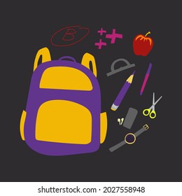 group of items: backpack, pen, pencil, ruler, apple, smartphone, watch, headphones, scissors, plus. Hand drawn elements isolated on black background.