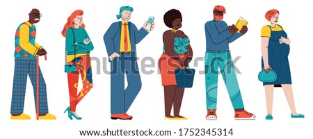 Group of iverse people cartoon characters waiting in queue, flat vector illustration isolated on white background. Line or crowd of people in store or bank. Stock photo © 