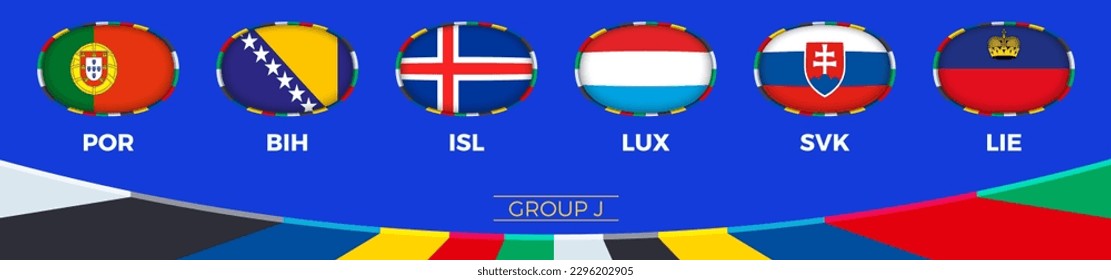 Group J qualifies for the 2024 European football tournament. Vector collection.