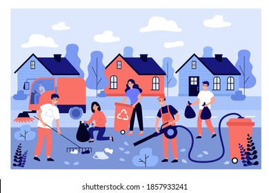 Group of janitors cleaning city street from garbage. Volunteers collecting trash with rakes, plastic bags, bins. Vector illustration for trash collection, recycling, litter pick concept