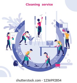 Group Of Janitors In Uniform Cleaning The Office With Cleaning Equipments, Vector illustration