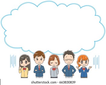 A group of Japanese high school students and speech bubbles