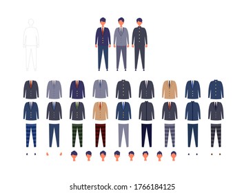 Group of Japanese schoolboy uniform from high and middle school. Vector illustration of boys in uniform of different colors. Isolated graphics.