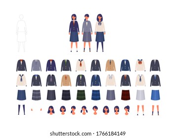 Group of Japanese schoolgirl uniform from high and middle school. Vector illustration of girls in uniform of different colors. Isolated graphics.