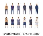Group of Japanese students from high and middle school. Vector illustration of boys and girls in uniform of different colors. Isolated graphics.