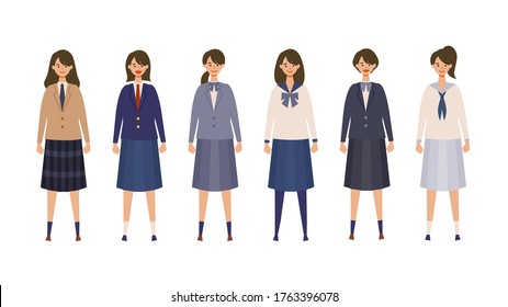 Group of Japanese students from high and middle school. Vector illustration of girls in uniform of different colors. Isolated graphics.