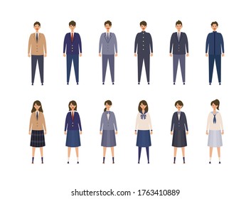 Group of Japanese students from high and middle school. Vector illustration of boys and girls in uniform of different colors. Isolated graphics.
