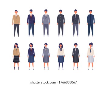 Group of Japanese students from high and middle school. Vector illustration of boys and girls in uniform of different colors. Isolated graphics.