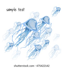 A group of jellyfish float on the surface of the water. Vector illustration.