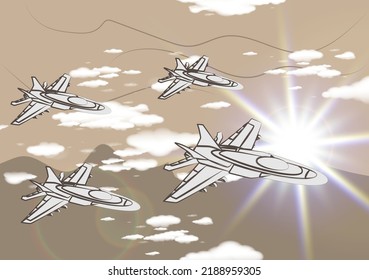 Group of jet aircraft in combat formation flies over desert. Fighters in sky. Military airplane on a reconnaissance sortie or escorting an object. Air Force. Army in action. Vector illustration