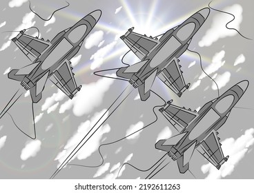 Group of jet aircraft in combat formation flies high in sky. Fighters on a sunny day in sky. Military airplane on a reconnaissance sortie or escorting an object. Air Force. Army in action. Avia show