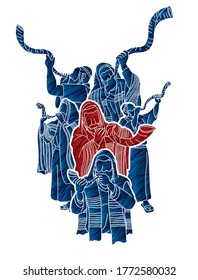 Group of Jewish blowing the shofar horn cartoon graphic vector.	