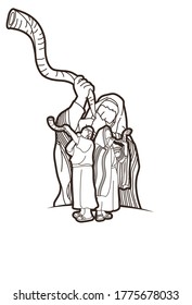 Group of Jewish blowing the Shofar horn cartoon graphic vector.	