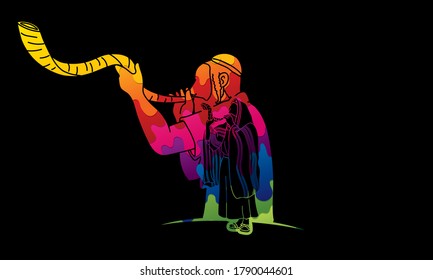 Group Of Jewish Blowing The Shofar Horn Cartoon Graphic Vector.