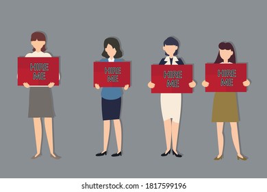 Group of job seekers holding placard concept. Creative idea design for template, brochure or presentation.