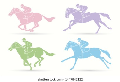 Group Of Jockey, Horseback Cartoon Graphic Vector.