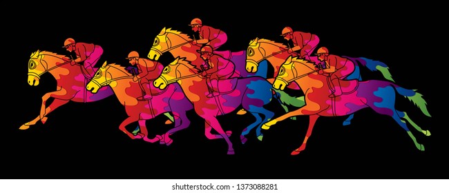 Group of Jockeys riding horse, sport competition cartoon sport graphic vector