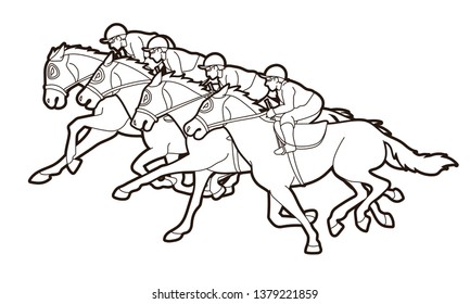 Group of Jockeys riding horse, sport competition cartoon sport graphic vector