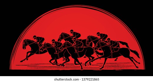 Group of Jockeys riding horse, sport competition cartoon sport graphic vector