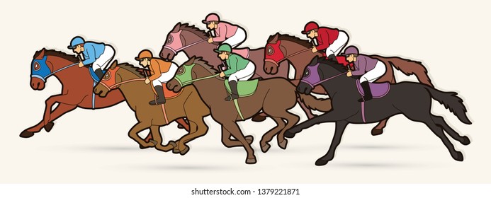 Group of Jockeys riding horse, sport competition cartoon sport graphic vector