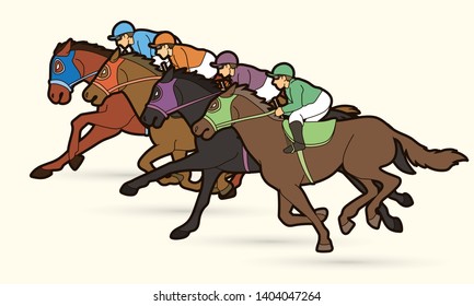 Group of Jockeys riding horse, sport competition cartoon sport graphic vector