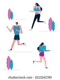 Group of joggers exercising in the park. flat character design. vector illustration